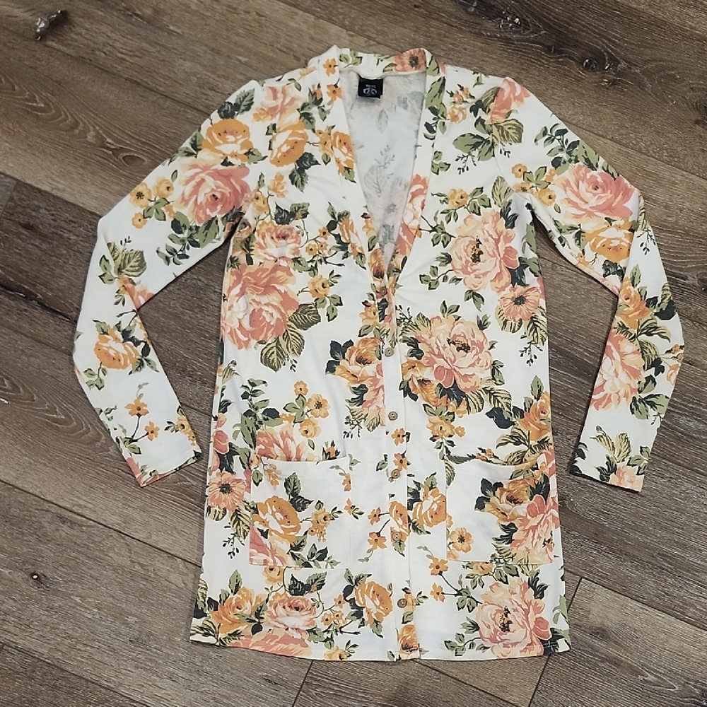Agnes & Dora Floral Lightweight Faux Wood Button Cardigan Pockets Grandmacore XS